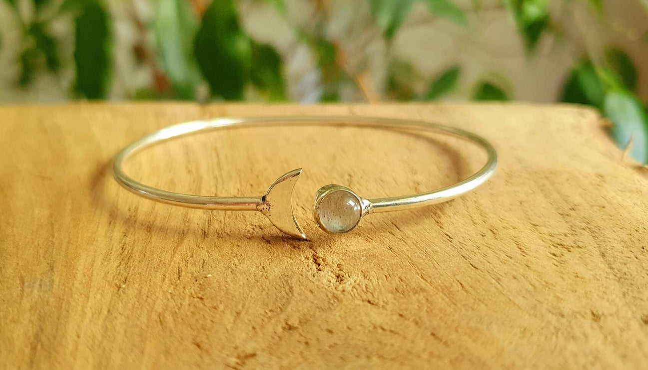 Silver Moon Bracelet / Labradorite / Bangle / Galaxy / Solar System / Planets / Boho / Adjustable / Hippie / Chic / Sun