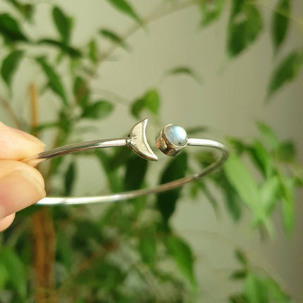 Silver Moon Bracelet / Labradorite / Bangle / Galaxy / Solar System / Planets / Boho / Adjustable / Hippie / Chic / Sun