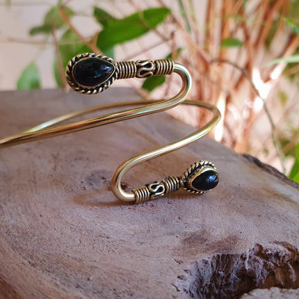 Spiral Boho Bracelet / Bangle / Black Onyx / Brass / Ethnic / Rustic / Bohemian / Hippie / Gypsy / Psy / Jewellery / Body / Adjustable