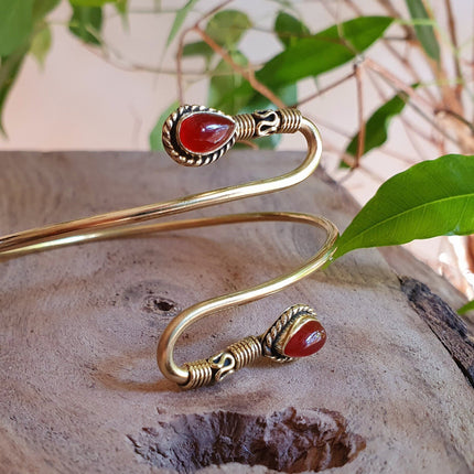 Spiral Boho Bracelet / Cornelian / Brass / Arm Bracelet / Red Stone /Ethnic / Rustic / Bohemian / Hippie / Gypsy / Adjustable