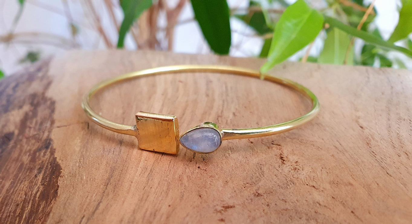 Contemporary Moonstone Golden Bracelet / Bangle / Brass / Minimalist / Ethnic / Rustic / Bohemian / Hippie / Gypsy / Psy / Body / Adjustable