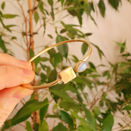 Contemporary Moonstone Golden Bracelet / Bangle / Brass / Minimalist / Ethnic / Rustic / Bohemian / Hippie / Gypsy / Psy / Body / Adjustable