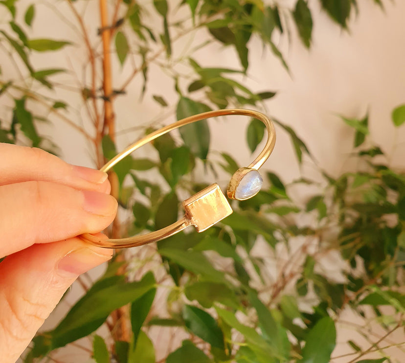 Contemporary Moonstone Golden Bracelet / Bangle / Brass / Minimalist / Ethnic / Rustic / Bohemian / Hippie / Gypsy / Psy / Body / Adjustable