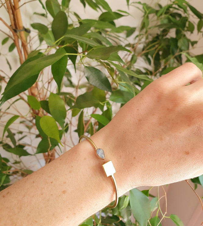 Contemporary Moonstone Golden Bracelet / Bangle / Brass / Minimalist / Ethnic / Rustic / Bohemian / Hippie / Gypsy / Psy / Body / Adjustable