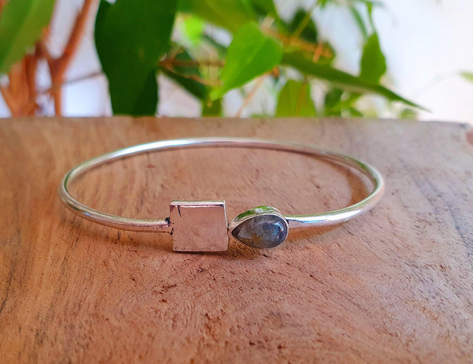 Contemporary Labradorite Silver Bracelet / Bangle / Brass / Minimalist / Ethnic / Rustic / Bohemian / Hippie / Gypsy / Body / Adjustable