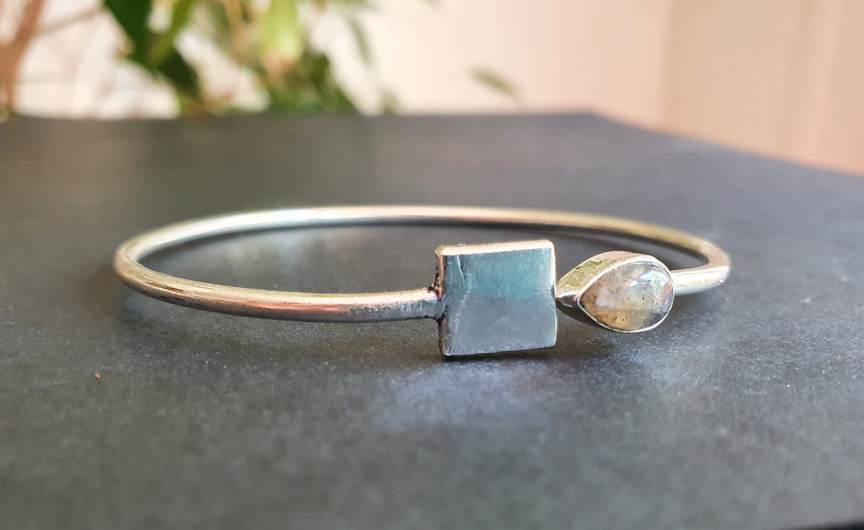 Contemporary Labradorite Silver Bracelet / Bangle / Brass / Minimalist / Ethnic / Rustic / Bohemian / Hippie / Gypsy / Body / Adjustable