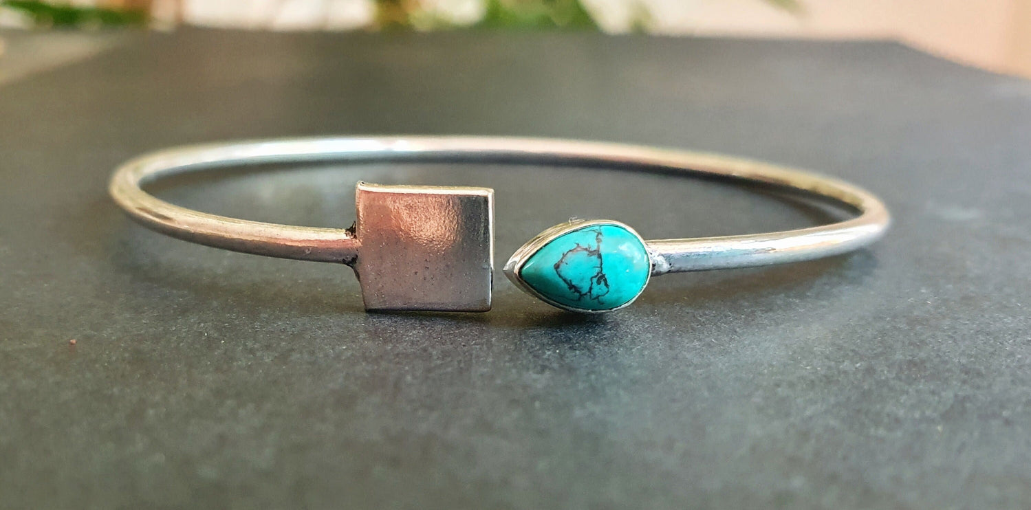 Contemporary Turquoise Silver Bracelet / Bangle / Brass / Minimalist / Ethnic / Rustic / Bohemian / Hippie / Gypsy / Body / Adjustable