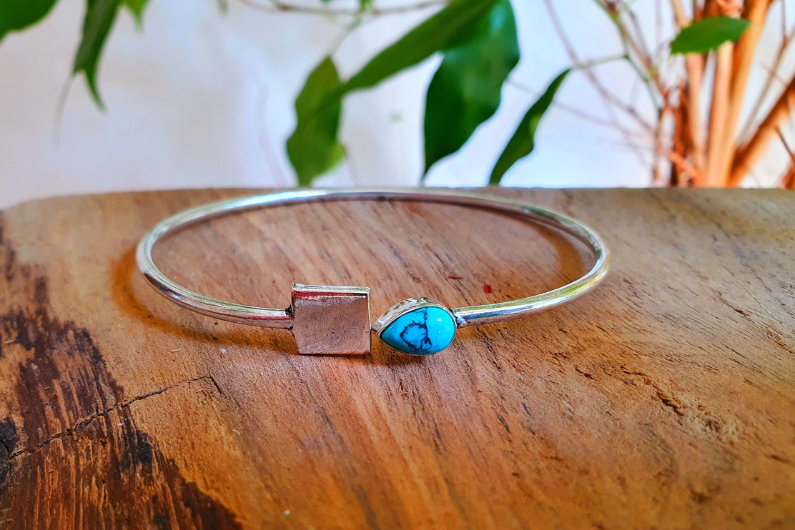 Contemporary Turquoise Silver Bracelet / Bangle / Brass / Minimalist / Ethnic / Rustic / Bohemian / Hippie / Gypsy / Body / Adjustable