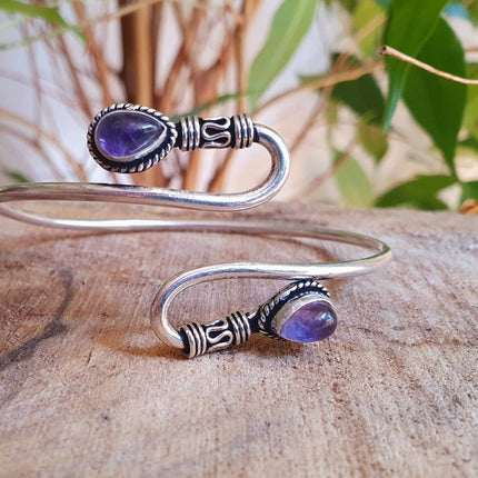 Amethyst Silver Spiral Boho Bracelet / Bangle / Arm Bracelet / Ethnic / Rustic / Bohemian / Hippie / Gypsy / Psy / Adjustable