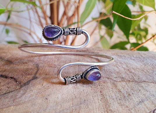 Amethyst Silver Spiral Boho Bracelet / Bangle / Arm Bracelet / Ethnic / Rustic / Bohemian / Hippie / Gypsy / Psy / Adjustable