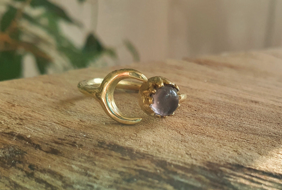 Golden Moon Ring / Amethyst / Zodiac / Purple / Boho / Ethnic / Rustic / Tribal / Gypsy / Festival / Healing / Festival