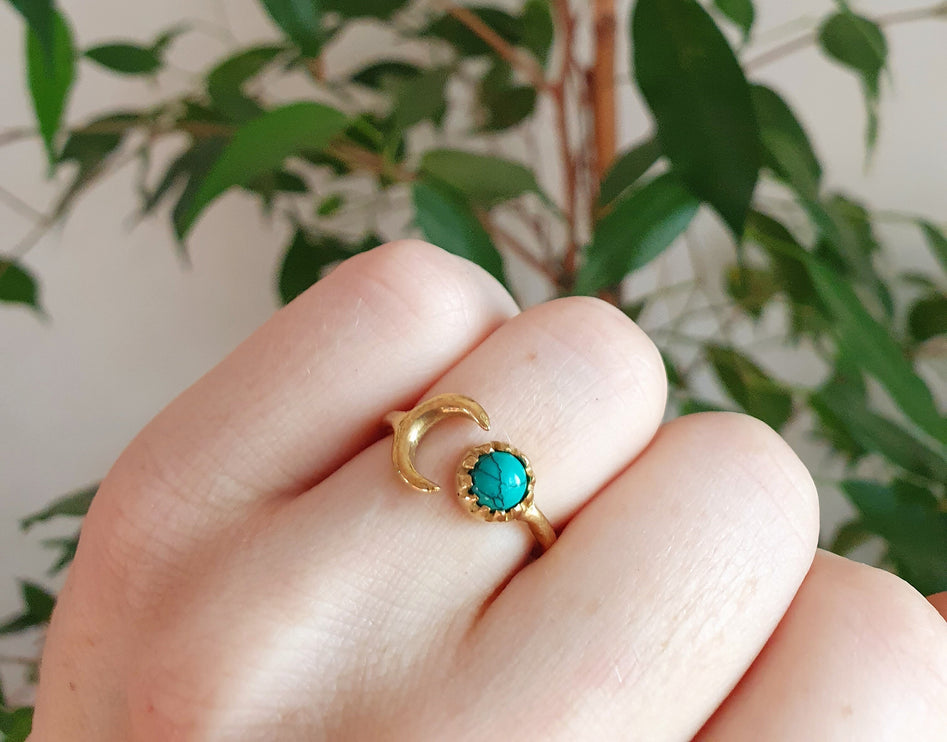 Golden Moon Ring / Turquoise / Zodiac / Celestial / Boho / Ethnic / Rustic / Tribal / Gypsy / Festival / Healing / Festival