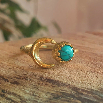 Golden Moon Ring / Turquoise / Zodiac / Celestial / Boho / Ethnic / Rustic / Tribal / Gypsy / Festival / Healing / Festival