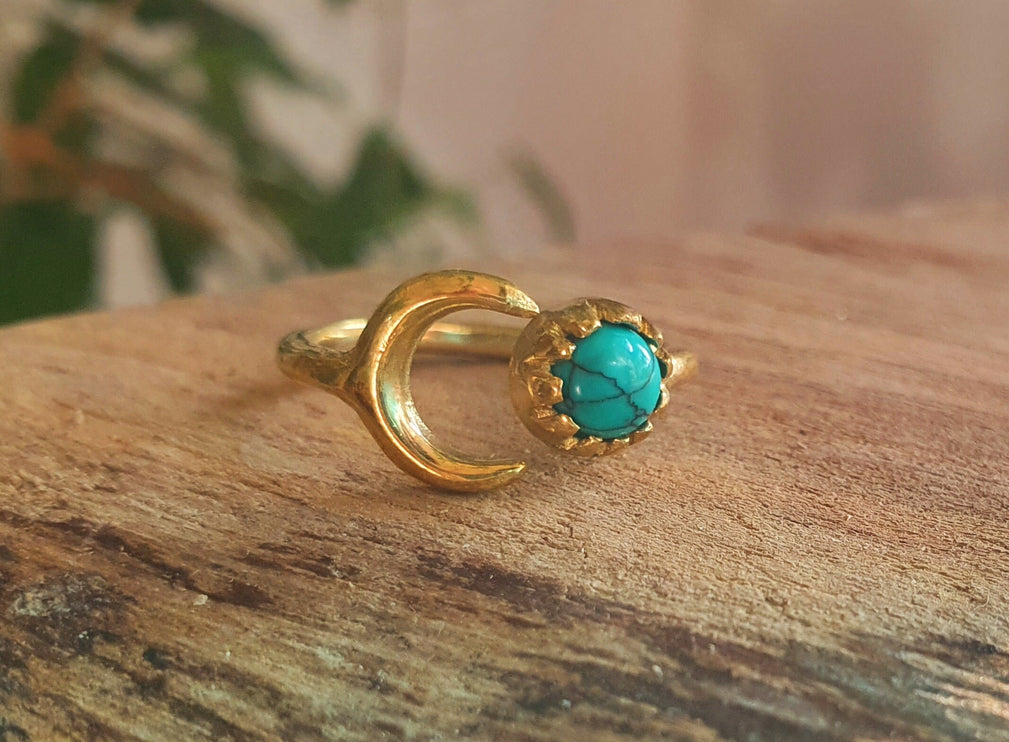 Golden Moon Ring / Turquoise / Zodiac / Celestial / Boho / Ethnic / Rustic / Tribal / Gypsy / Festival / Healing / Festival