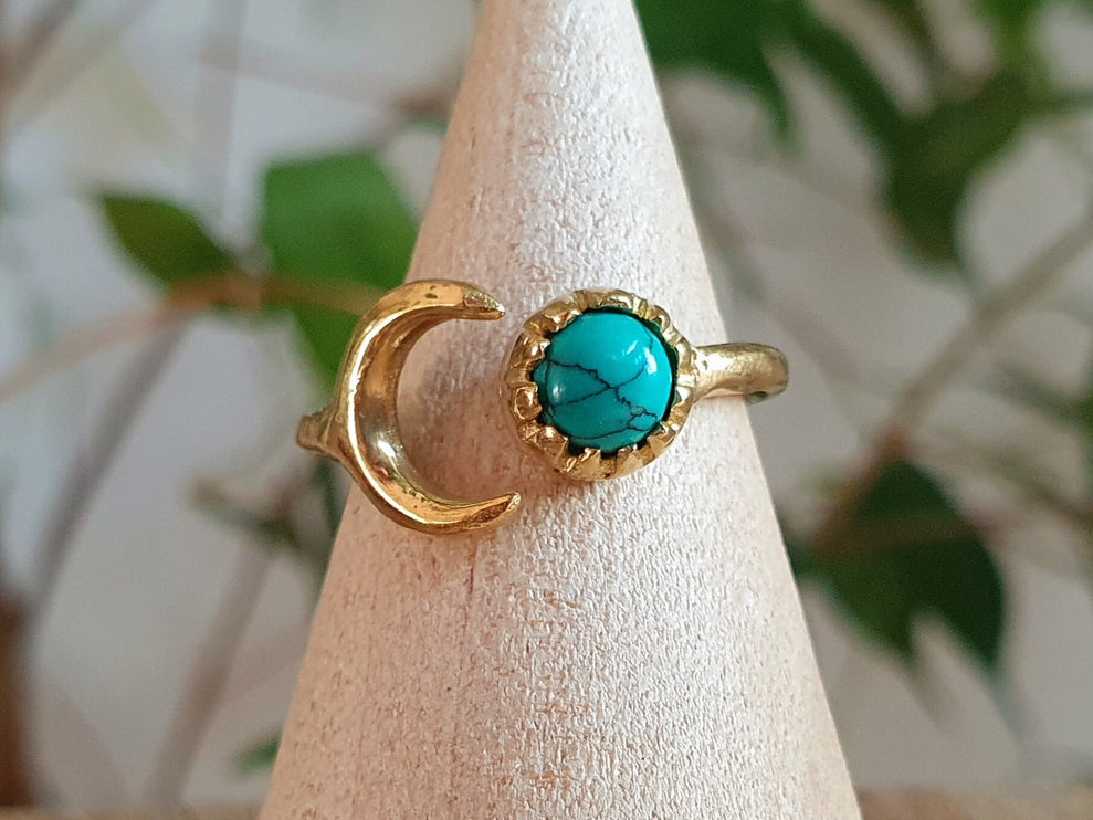 Golden Moon Ring / Turquoise / Zodiac / Celestial / Boho / Ethnic / Rustic / Tribal / Gypsy / Festival / Healing / Festival