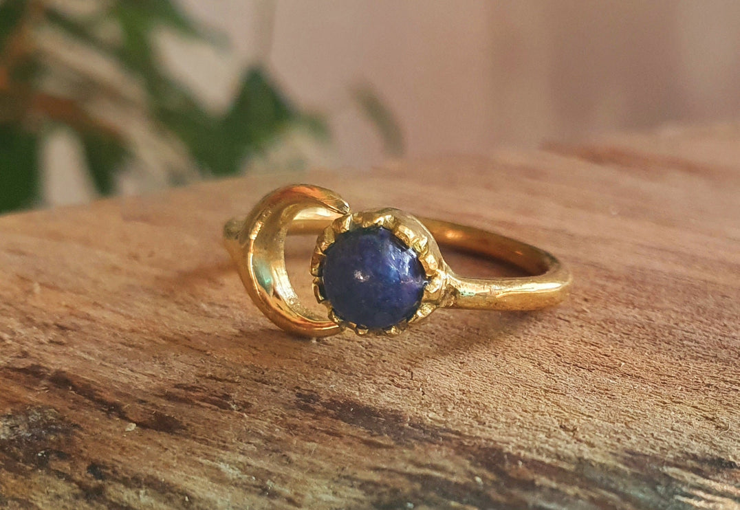 Golden Moon Ring / Lapis Lazuli / Zodiac / Celestial / Boho / Ethnic / Rustic / Tribal / Gypsy / Festival / Healing / Festival