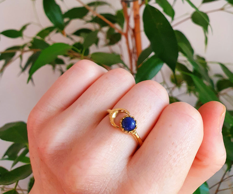 Golden Moon Ring / Lapis Lazuli / Zodiac / Celestial / Boho / Ethnic / Rustic / Tribal / Gypsy / Festival / Healing / Festival