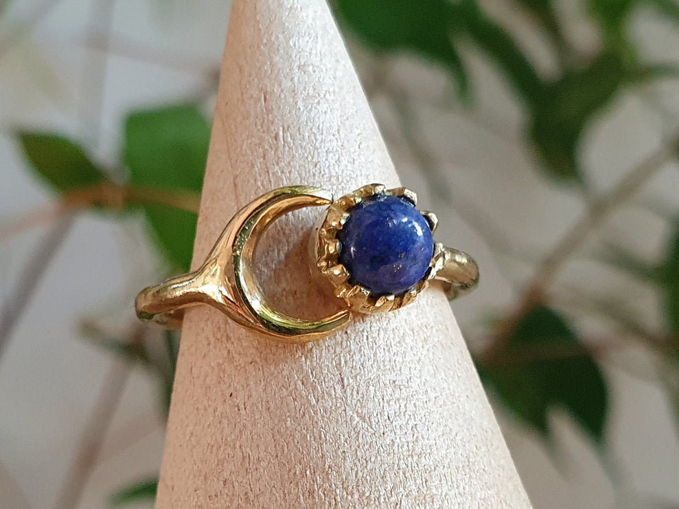 Golden Moon Ring / Lapis Lazuli / Zodiac / Celestial / Boho / Ethnic / Rustic / Tribal / Gypsy / Festival / Healing / Festival