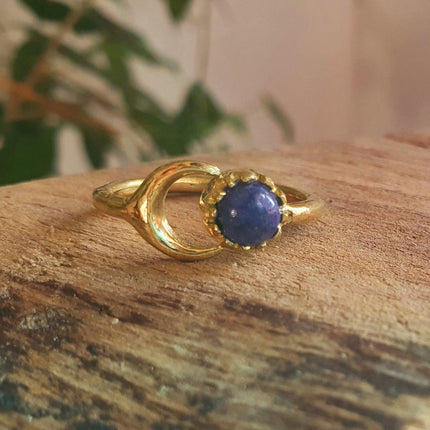 Golden Moon Ring / Lapis Lazuli / Zodiac / Celestial / Boho / Ethnic / Rustic / Tribal / Gypsy / Festival / Healing / Festival