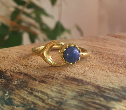 Golden Moon Ring / Lapis Lazuli / Zodiac / Celestial / Boho / Ethnic / Rustic / Tribal / Gypsy / Festival / Healing / Festival