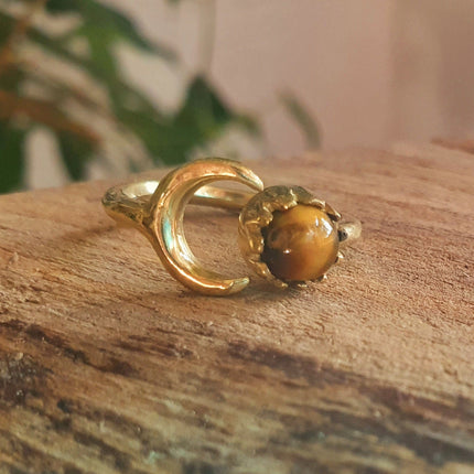 Golden Moon Ring / Tiger Eye / Zodiac / Celestial / Boho / Ethnic / Rustic / Tribal / Gypsy / Festival / Healing / Festival