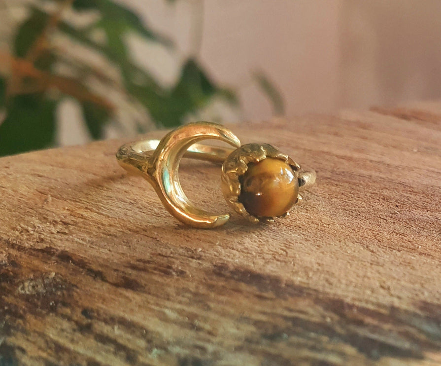 Golden Moon Ring / Tiger Eye / Zodiac / Celestial / Boho / Ethnic / Rustic / Tribal / Gypsy / Festival / Healing / Festival