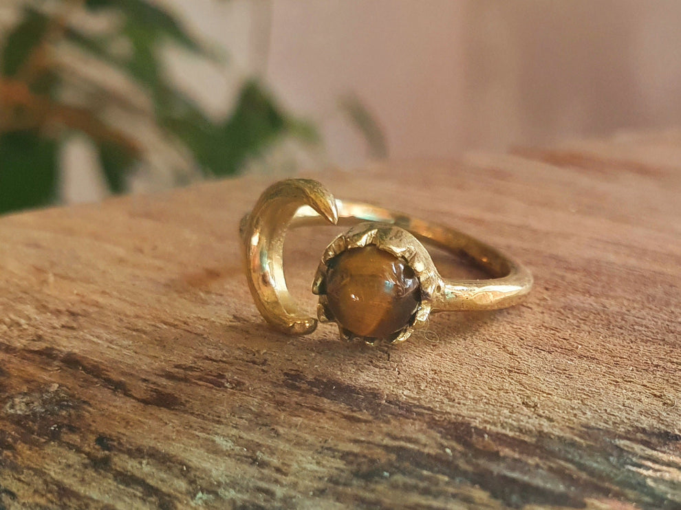 Golden Moon Ring / Tiger Eye / Zodiac / Celestial / Boho / Ethnic / Rustic / Tribal / Gypsy / Festival / Healing / Festival