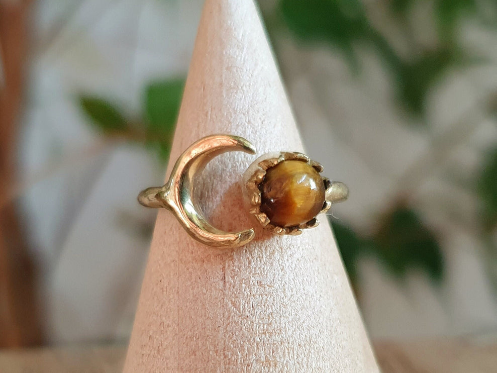 Golden Moon Ring / Tiger Eye / Zodiac / Celestial / Boho / Ethnic / Rustic / Tribal / Gypsy / Festival / Healing / Festival