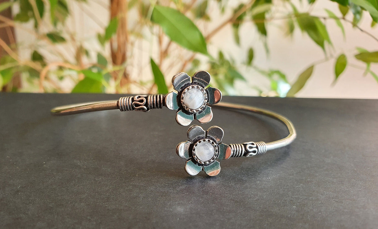 Daisy Flower Arm Bracelet Silver & Moonstone / Tribal / Spiral / Boho / Bangle/ Ethnic / Rustic / Bohemian / Hippie / Adjustable