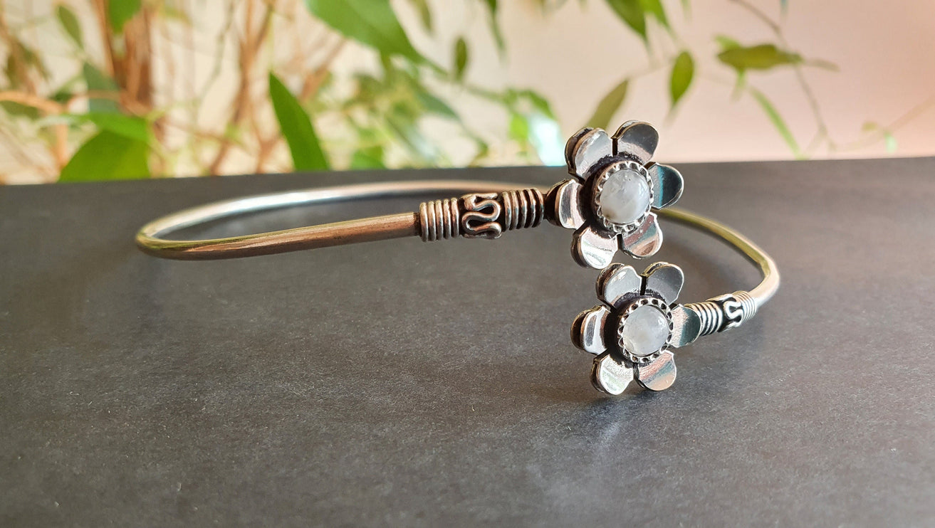 Daisy Flower Arm Bracelet Silver & Moonstone / Tribal / Spiral / Boho / Bangle/ Ethnic / Rustic / Bohemian / Hippie / Adjustable