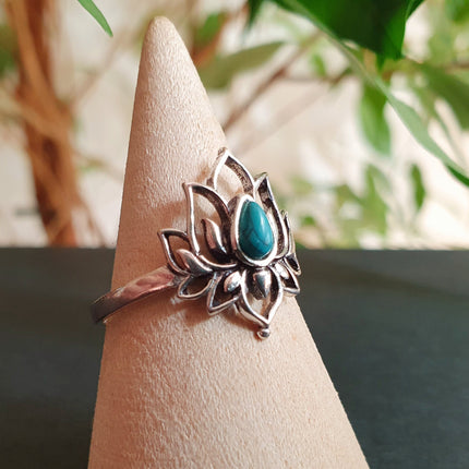 Silver Lotus Flower Ring / Turquoise / Boho / Ethnic / Rustic / Tribal / Gypsy / Festival / Indian / Healing / Festival