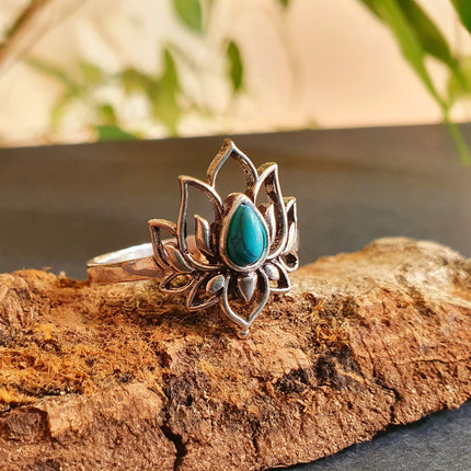 Silver Lotus Flower Ring / Turquoise / Boho / Ethnic / Rustic / Tribal / Gypsy / Festival / Indian / Healing / Festival