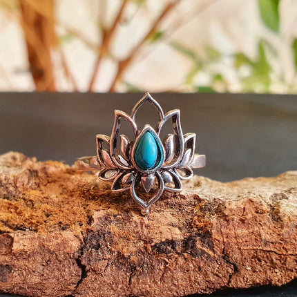 Silver Lotus Flower Ring / Turquoise / Boho / Ethnic / Rustic / Tribal / Gypsy / Festival / Indian / Healing / Festival