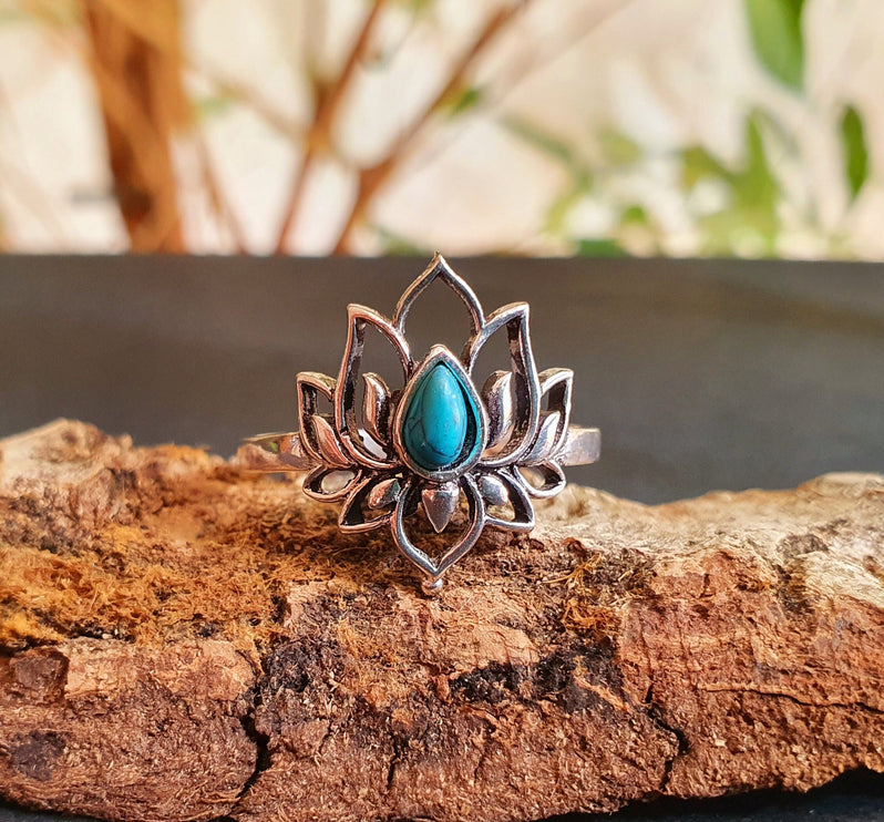 Silver Lotus Flower Ring / Turquoise / Boho / Ethnic / Rustic / Tribal / Gypsy / Festival / Indian / Healing / Festival