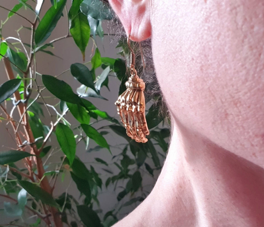 Gold Skeleton Hands Earrings; Halloween Day of the Dead Ethnic Boho Rustic Chic Gypsy Spiral Hippie Tribal Bohemian style