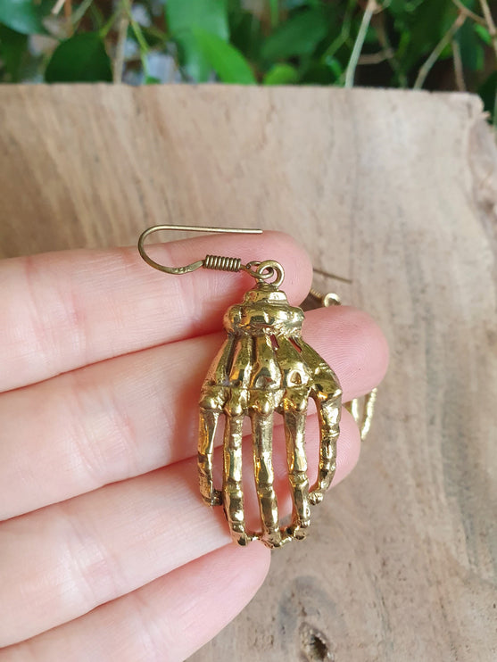 Gold Skeleton Hands Earrings; Halloween Day of the Dead Ethnic Boho Rustic Chic Gypsy Spiral Hippie Tribal Bohemian style