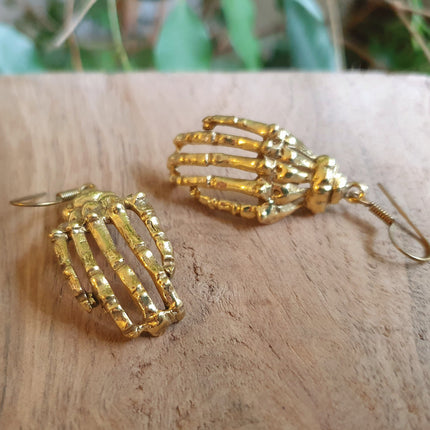 Gold Skeleton Hands Earrings; Halloween Day of the Dead Ethnic Boho Rustic Chic Gypsy Spiral Hippie Tribal Bohemian style