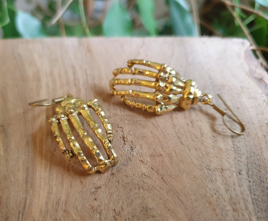 Gold Skeleton Hands Earrings; Halloween Day of the Dead Ethnic Boho Rustic Chic Gypsy Spiral Hippie Tribal Bohemian style