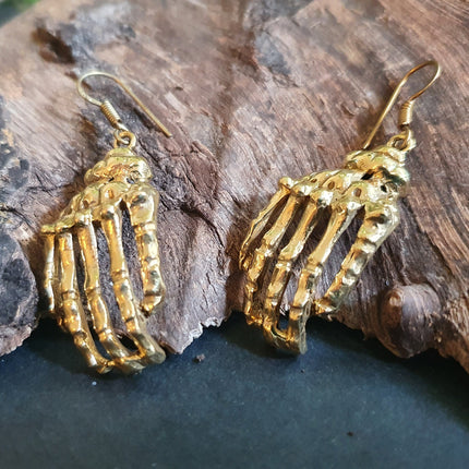 Gold Skeleton Hands Earrings; Halloween Day of the Dead Ethnic Boho Rustic Chic Gypsy Spiral Hippie Tribal Bohemian style