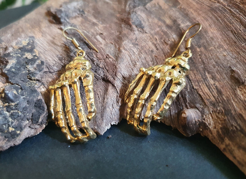 Gold Skeleton Hands Earrings; Halloween Day of the Dead Ethnic Boho Rustic Chic Gypsy Spiral Hippie Tribal Bohemian style