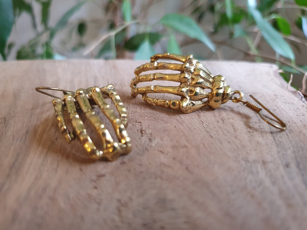 Gold Skeleton Hands Earrings; Halloween Day of the Dead Ethnic Boho Rustic Chic Gypsy Spiral Hippie Tribal Bohemian style