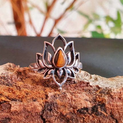 Silver Lotus Flower Ring / Tiger Eye / Boho / Ethnic / Rustic / Tribal / Gypsy / Festival / Indian / Healing / Festival