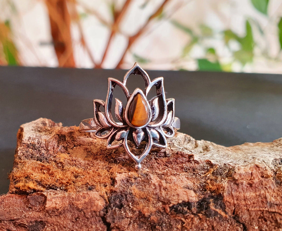 Silver Lotus Flower Ring / Tiger Eye / Boho / Ethnic / Rustic / Tribal / Gypsy / Festival / Indian / Healing / Festival