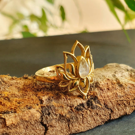 Moonstone Golden Lotus Flower Ring / Gold Flower / Boho / Ethnic / Rustic / Tribal / Gypsy / Festival / Indian / Healing / Festival