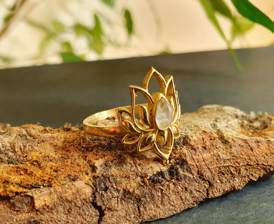 Moonstone Golden Lotus Flower Ring / Gold Flower / Boho / Ethnic / Rustic / Tribal / Gypsy / Festival / Indian / Healing / Festival