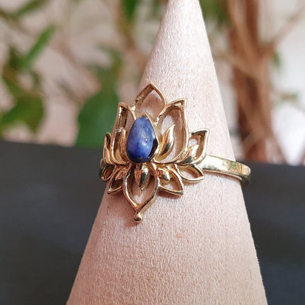 Golden Lotus Flower Ring / Lapis Lazuli / Boho / Ethnic / Rustic / Tribal / Gypsy / Festival / Indian / Healing / Festival