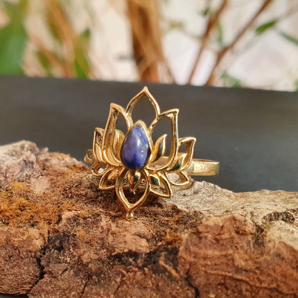 Golden Lotus Flower Ring / Lapis Lazuli / Boho / Ethnic / Rustic / Tribal / Gypsy / Festival / Indian / Healing / Festival