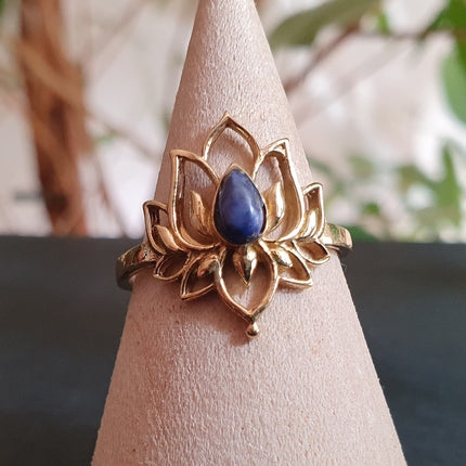 Golden Lotus Flower Ring / Lapis Lazuli / Boho / Ethnic / Rustic / Tribal / Gypsy / Festival / Indian / Healing / Festival