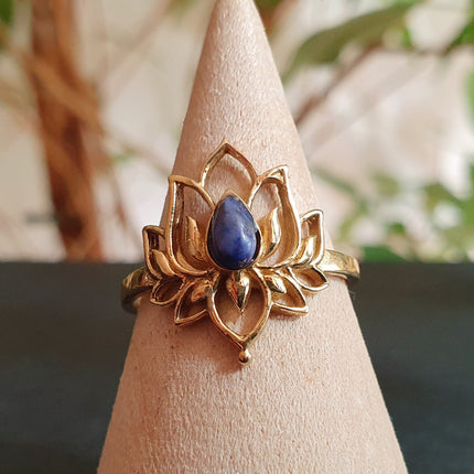 Golden Lotus Flower Ring / Lapis Lazuli / Boho / Ethnic / Rustic / Tribal / Gypsy / Festival / Indian / Healing / Festival