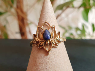 Golden Lotus Flower Ring / Lapis Lazuli / Boho / Ethnic / Rustic / Tribal / Gypsy / Festival / Indian / Healing / Festival
